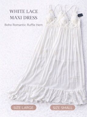 White Lace Maxi Dress Boho Romantic Ruffle Hem Strappy NWT L AND S